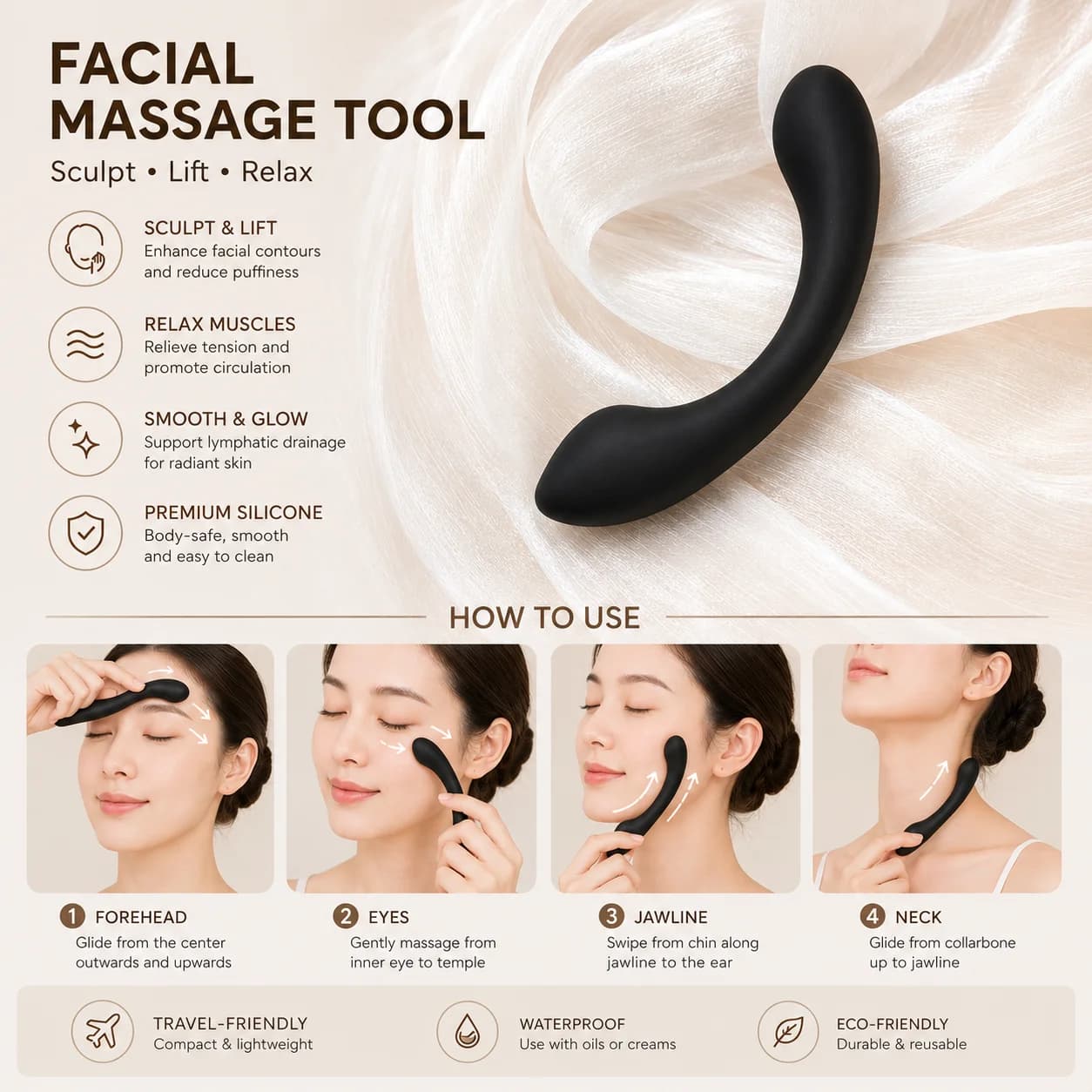 Lightweight Handheld Silicone Manual Facial Massage Stick Comfort Face Massager Wand for Daily Home Beauty Massage Practice