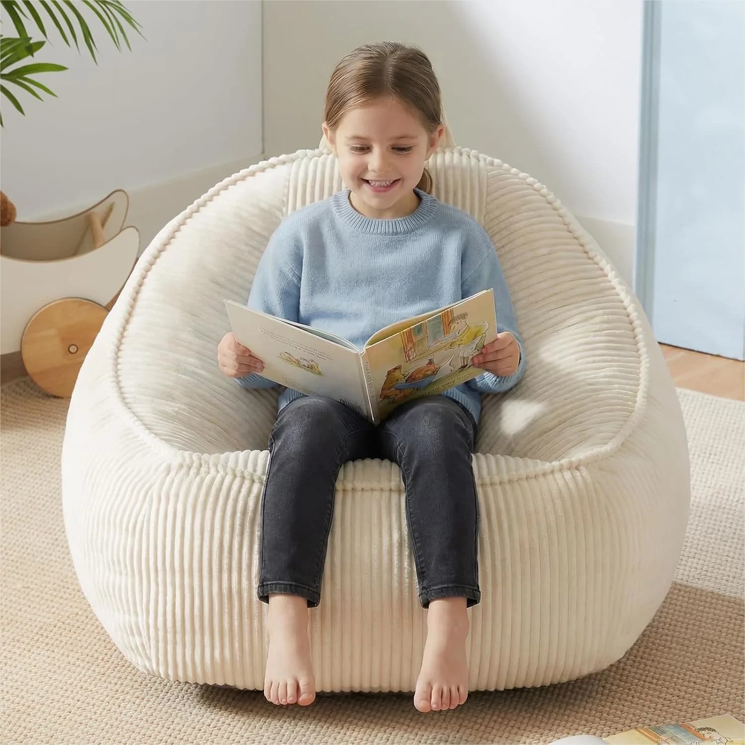 Kids Bean Bag Chair Cozy Reading Floor Sofa with Shredded Foam for Gaming Lounging TV Beige