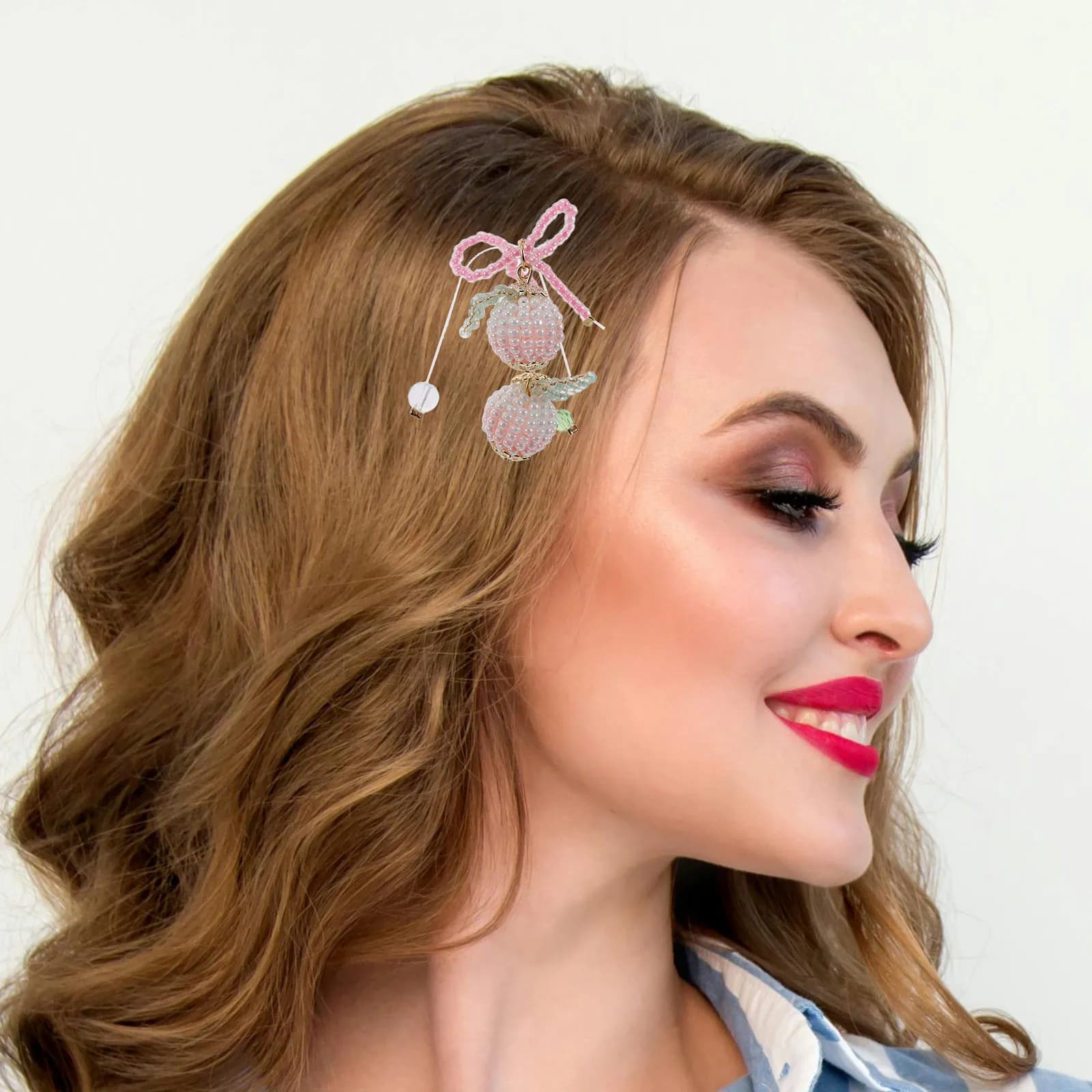 Beaded Bow Crafts Gradient Pink Handwoven Hair Clips Earrings Set DIY Craft Charms Accessories for Women