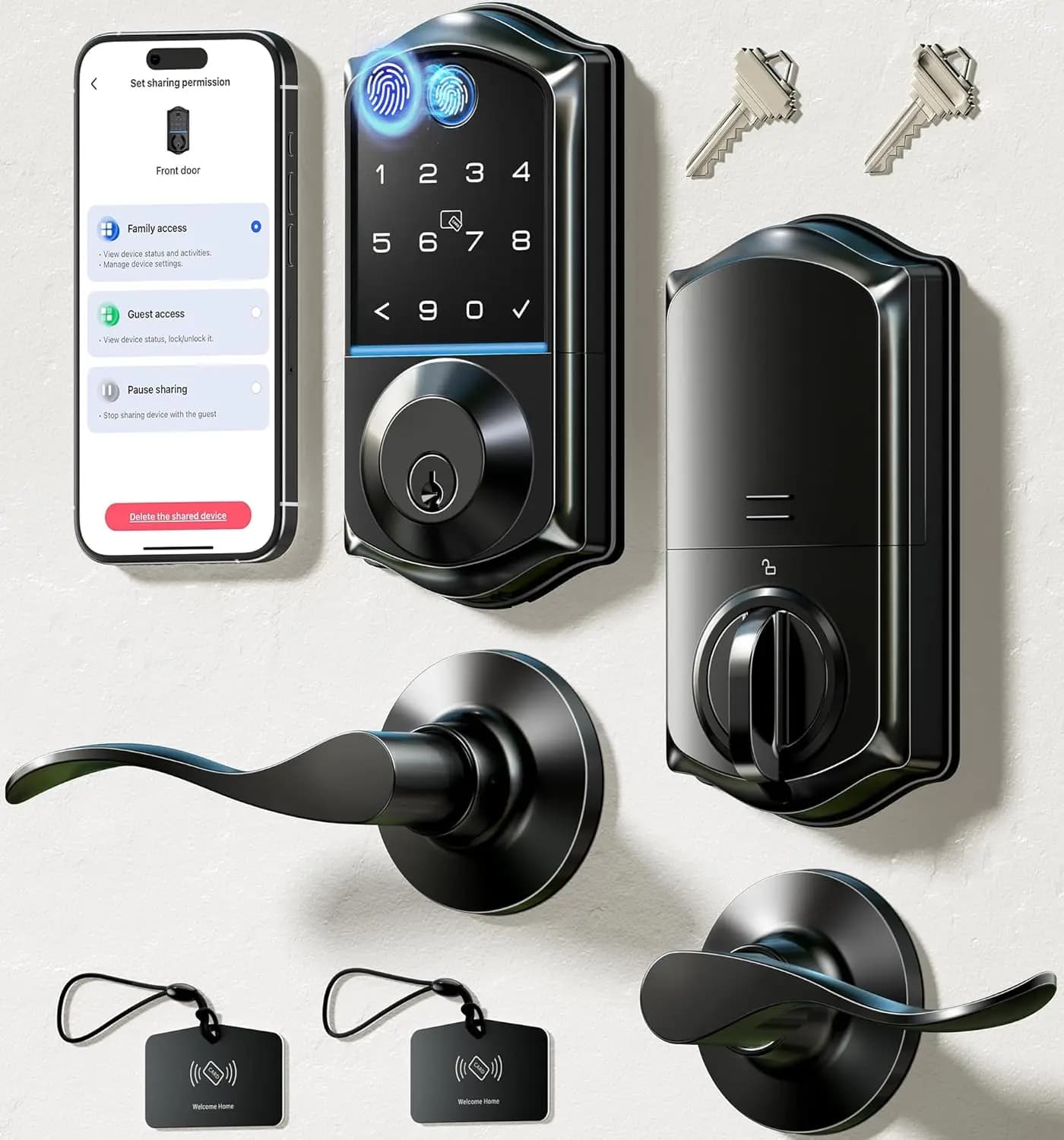 Serratura Intelligente con Impronta Digitale, Controllo App, Accesso Senza Chiave, Chiusura Automatica, Nero Opaco per Sicurezza Porta d'Ingresso
