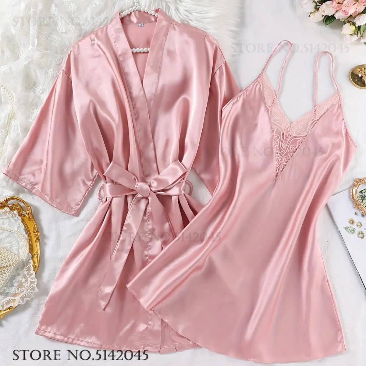 Night Shirt and Pink Satin Dress Set Pijama Sexy nightdress with deep V neck Chemise Nightwear Spring Summer Kimono Dress Bathrobe Homewear