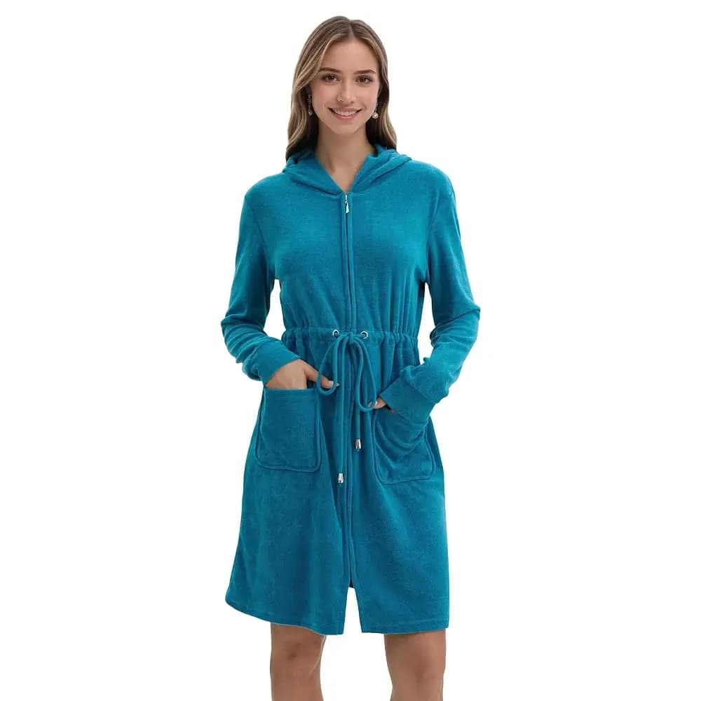 Accappatoio da donna in spugna con cerniera, con tasche, con cappuccio, in cotone, vestaglia, camicia da notte, loungewear, abbigliamento da notte