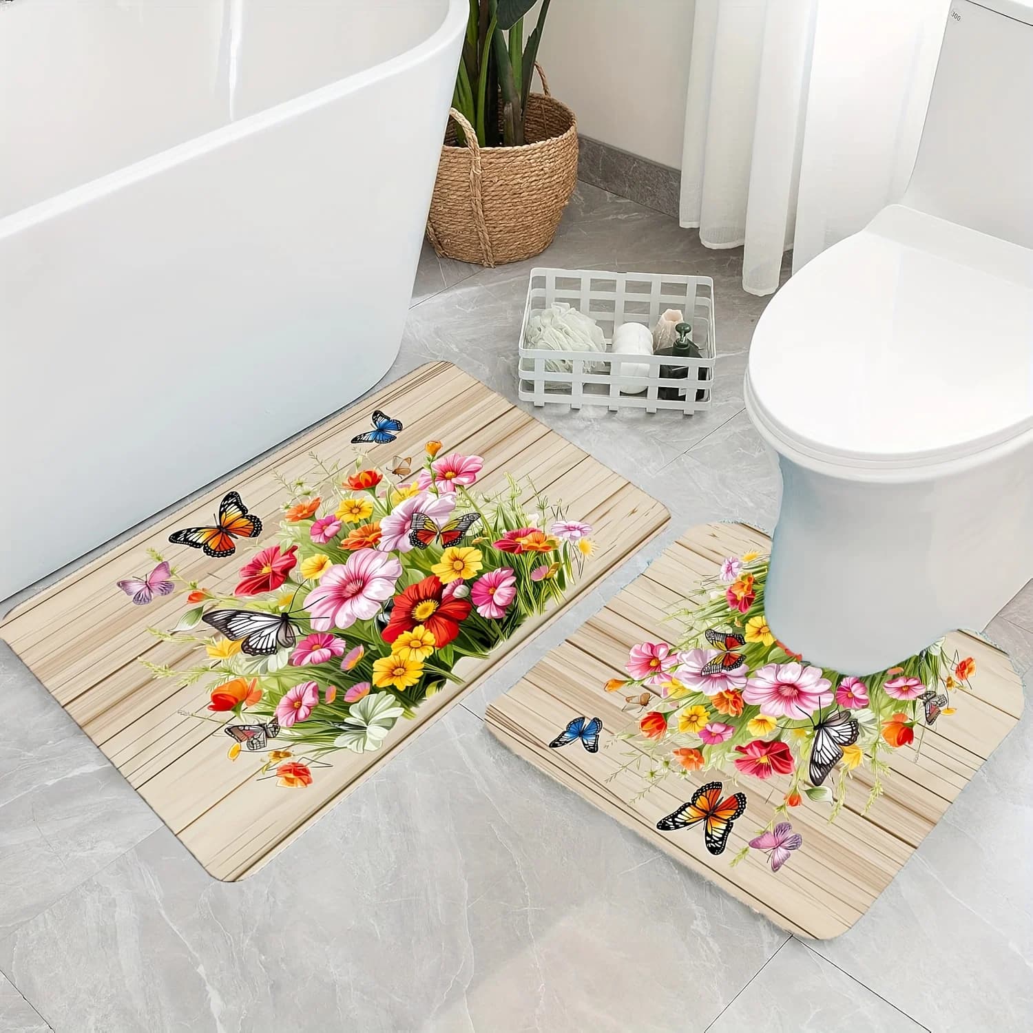 [Floral Butterflies Bath Mat] Soft Floral Butterflies Bathroom Rugs Set | Non-Slip Washable Flannel, Absorbent U-Shaped Toilet