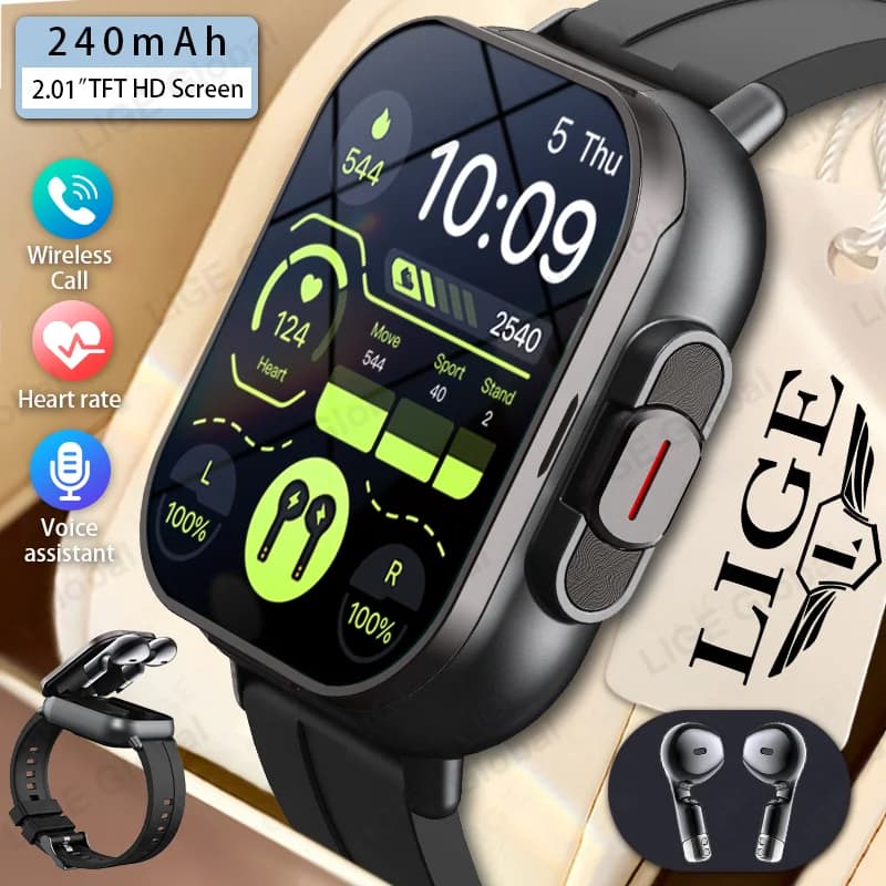 LIGE New 2 in 1 TWS Smart Watch with headphones NFC heart rate Bluetooth call Playing music Sport Fitness earphone Smartwatch for men