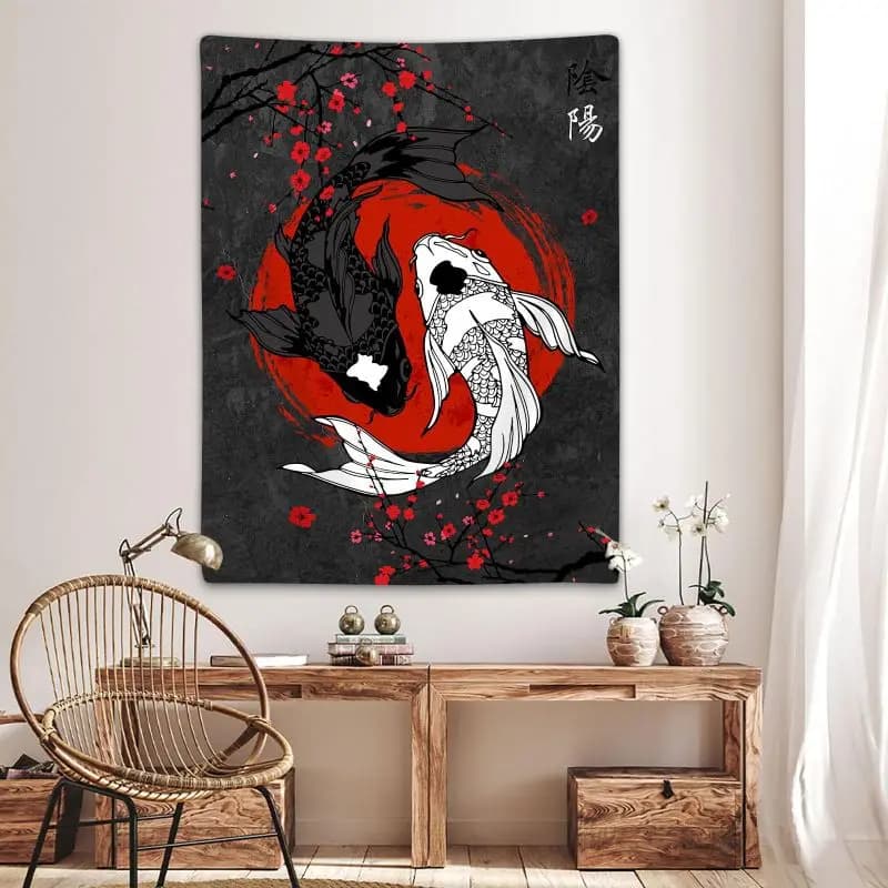 VIKAMA Japanese Yin Yang Koi Tapestry, Oriental Wall Hanging, Chinese Fish Wall Decor for Bedroom Living Room, Zen Home Decor