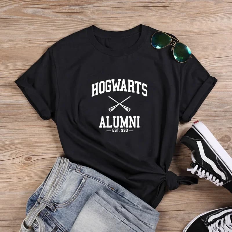 T-shirt da donna Harajuku nera e bianca, stile Hogwarts, estiva, casual, estetica, con maniche a 3/4