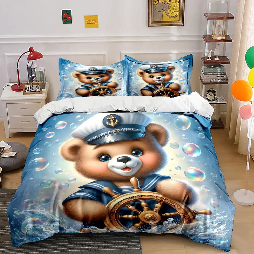 Adorabile set di biancheria da letto con stampa del capitano al timone della nave, morbido e confortevole, include 1 copripiumino e 2 federe, regali di lusso.