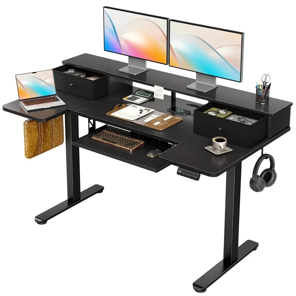 55 Inch U Shape Standing Desk with Keyboard Tray & Drawers, Black | 3 Outlets & 2 USB Ports, Dual-Monitor Stand, 10, Customized