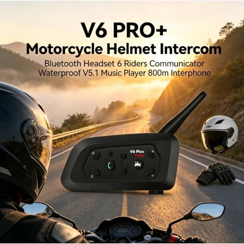 Auricolare per Casco V6 PRO+ BT5.1, Interfono per 6 Motociclisti, 800m, Impermeabile, Lettore Musicale per Moto