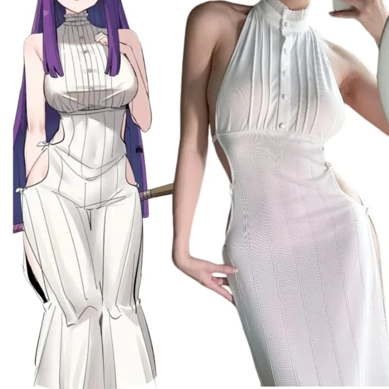 Costume Cosplay Anime Frieren, Abito Bianco Sexy, Gonna a Trapezio in Maglia con Effetto Snellente, Outfit per Giochi di Ruolo per Donne