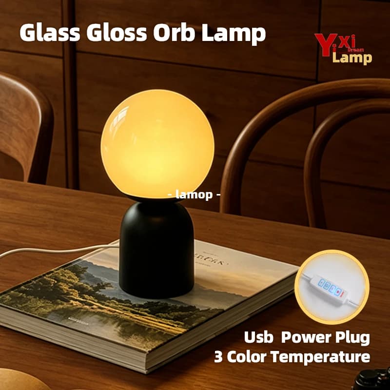 Murano Glass Gloss Full Orb Table Lamp Nordic Log Tone Bedside Lamp 3 Color Warm Diffused Light for Study Wooden Desk Homestay