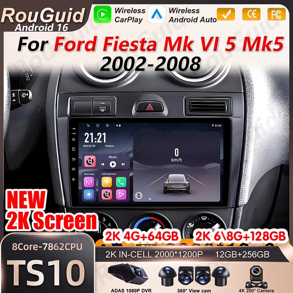 Autoradio Android 16 per Ford Fiesta Mk VI 5 Mk5 2002-2008, Navigazione Stereo, Lettore Multimediale con Carplay