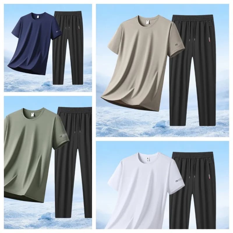 Completo Sportivo Estivo in Seta Ghiaccio: T-shirt a Maniche Corte e Pantaloni Casual per Sport all'Aperto, Leggero, Traspirante e Antivento