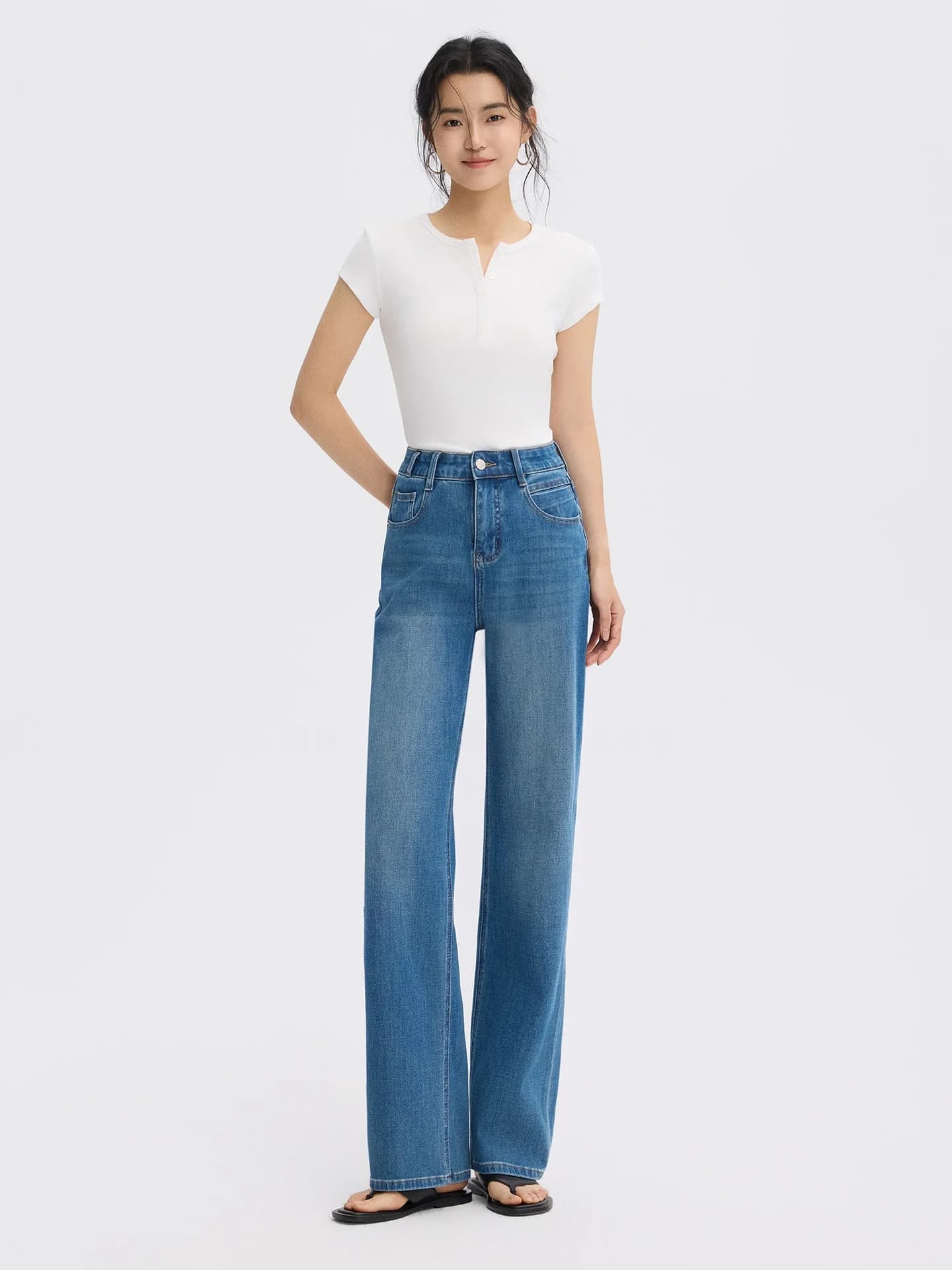 Blue High Waist Straight Leg Washed Denim Jeans Women's Four Way Stretch Lenzing Fabric Soft Hand Feel Spring 2026