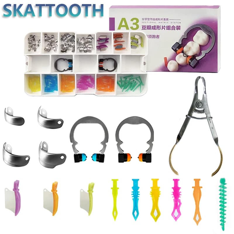1set di fasce a matrice dentale A3 fasce a matrice sagomate sezionali con pinze anello di bloccaggio NITI coltello a cuneo strumenti per materiale dentale