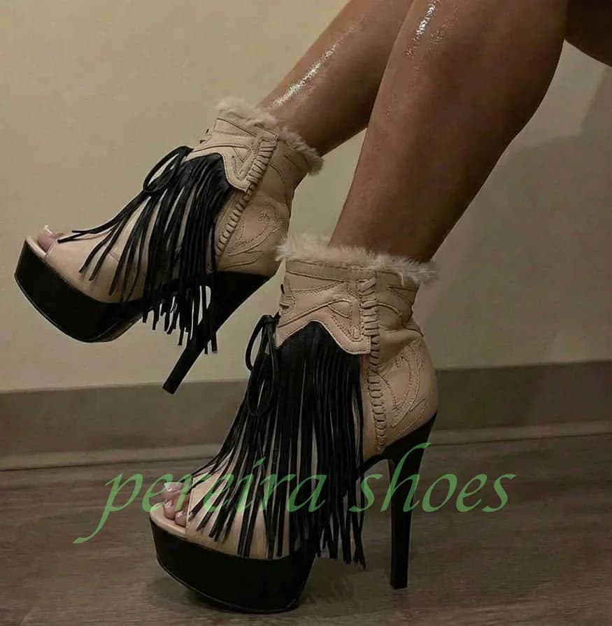 Beige Faux Fur Fringe Platform Ankle Boots Peep Toe Lace Up Stiletto High Heels Western Cowgirl Club Tassel Women Heeled Booties
