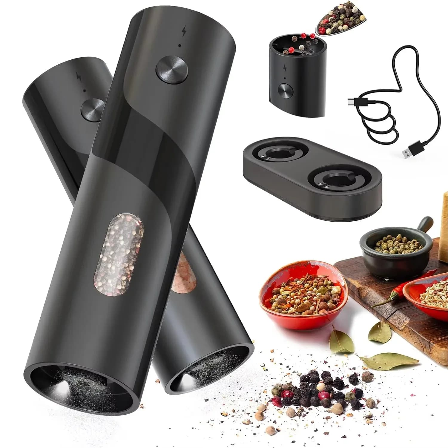 Rechargeable Electric Salt and Pepper Grinder Set Adjustable Coarseness Kitchen Spice Pepper Grinders with Charging Base