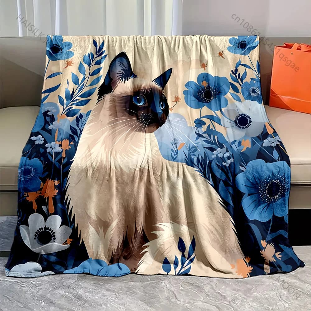 1PC Coperta con stampa di gatti e fiori siamesi, calda e morbida, regali di lusso per bambini e adulti, adatta per la casa, divano letto, viaggi, camper