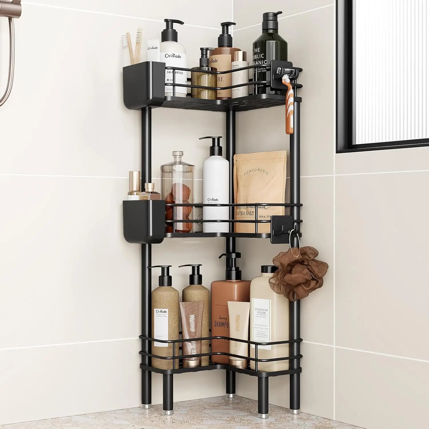 Mensola angolare per doccia a 3 livelli antiruggine con porta spazzolino, ampio ripiano da pavimento per bagno e cucina, nero