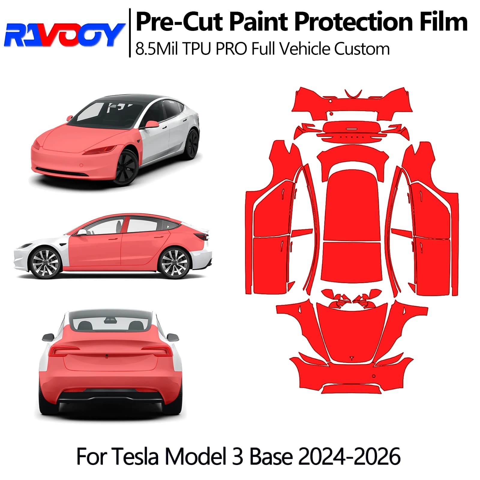 Kit Completo di Pellicola Protettiva PPF 8.5Mil Pretagliata per Tesla Model 3 Base 2024-2026, Protezione Vernice TPU Trasparente per Paraurti Anteriore, Cofano e Porte