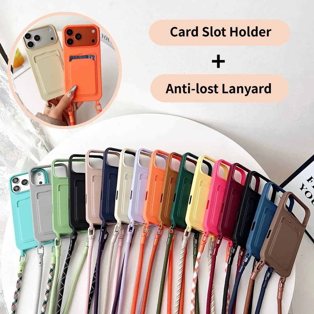 Adjustable Crossbody Lanyard Card Slot Cover for IPhone Air 17 16 15 14 13 Pro Max Color Silicone Wallet Holder Shockproof Case