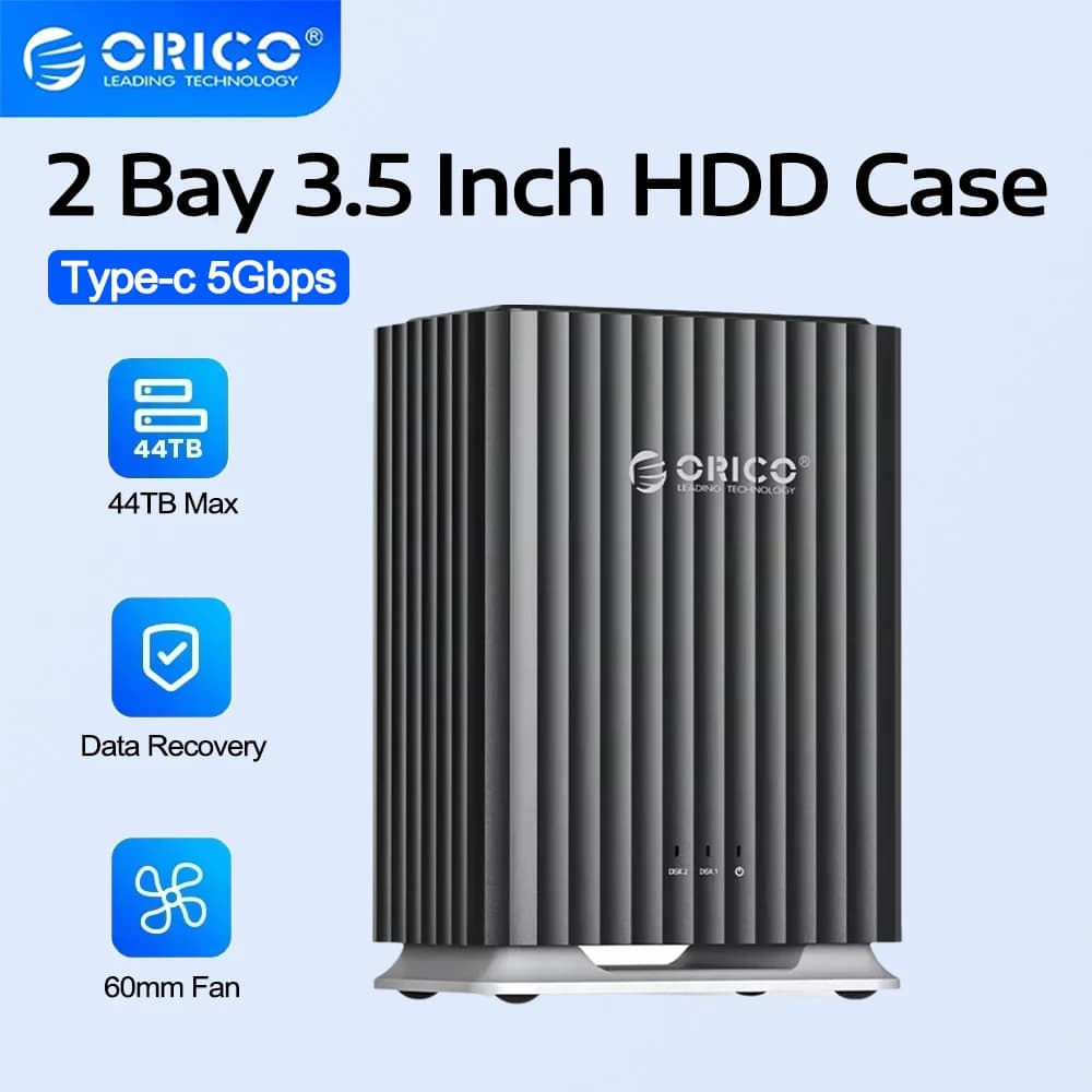 ORICO Docking Station Dual Bay per HDD da 2.5/3.5 Pollici, Tipo-C per Dischi HDD e SSD da 3.5'' e 2.5'', Design Silenzioso con Forte Dissipazione del Calore