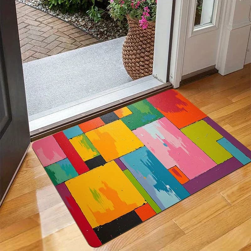 1pc Non-Slip Door Mat - Heavy-Duty Polyester Floor Mat with Bold Color Block Design Red Green Blue Yellow Black White