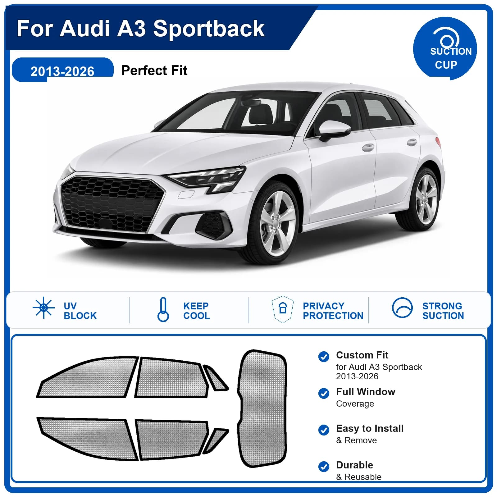 For Audi A3 Sportback 2013-2026 Custom Full Set Windshield Sun Shade Aluminum Foil Heat Insulation Anti UV Foldable