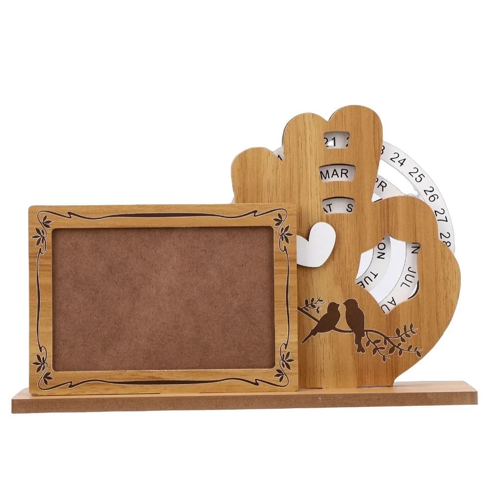Wooden Perpetual Calendar Frame Insertable Photo Slot Rotating Display Desk Calendar Display Compact Tabletop Size