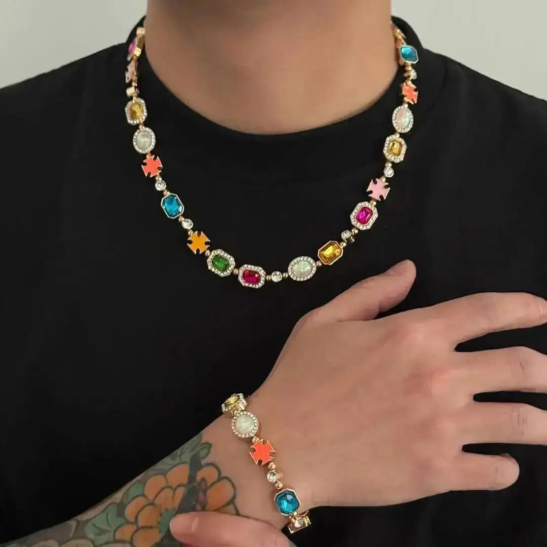 Set di Gioielli Salircon Hip Hop con Collana e Bracciale con Strass Colorati, Trendy, Geometria Irregolare, Choker e Bracciale Y2K, Gioielli Charm