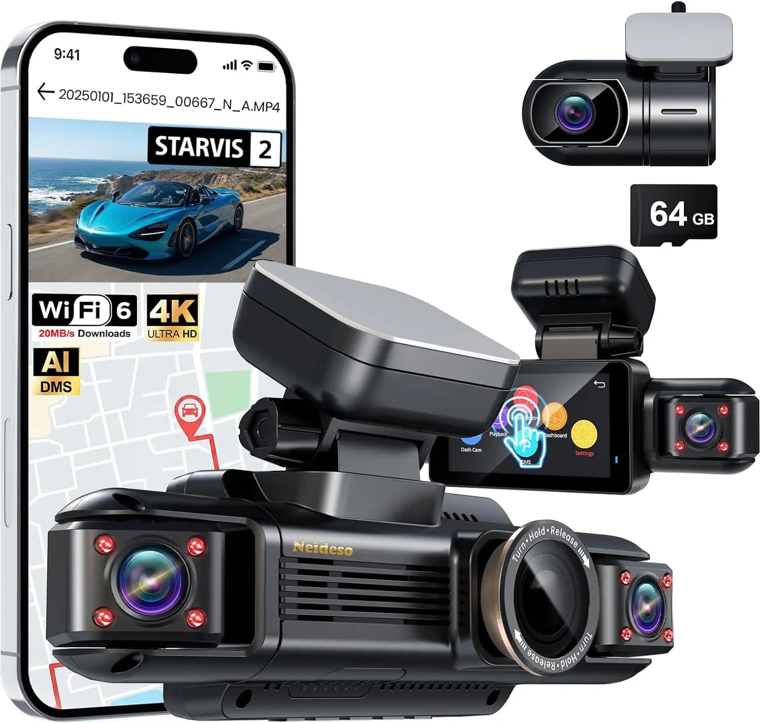 N300Pro 4K 4 Channel Dash Cam Front and Rear, STARVIS 2 Sensor, 3" Touch Screen, 5.8GHz WiFi GPS, 360° Car Dash Camera, AI Drive