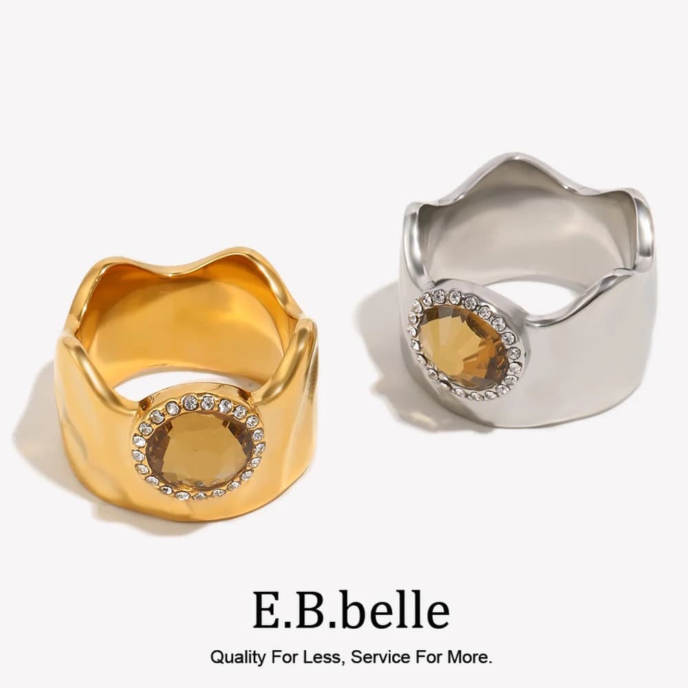Anelli E.B.belle con Bordo Ondulato e Zirconi, Placcati in Oro 18K, in Acciaio Inossidabile Impermeabile, Anello con Texture Martellata, Gioiello Regalo per Donne
