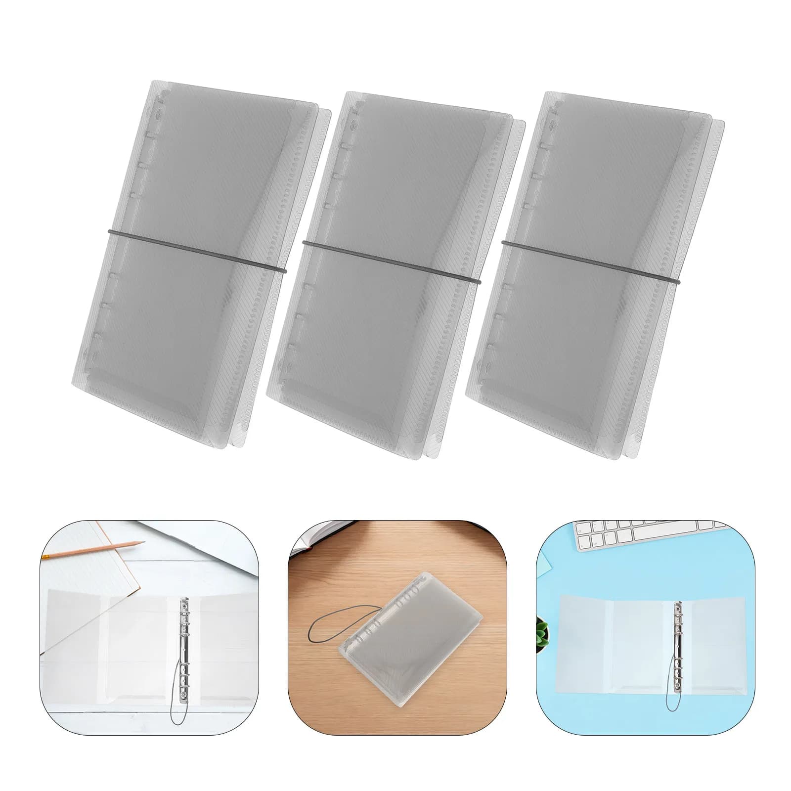 Set di 3 Copertine Trasparenti per Quaderni A6 con Elastico, Anelli Rotondi, Organizer, Agenda, Cartella, Tasche per Ricariche Budget