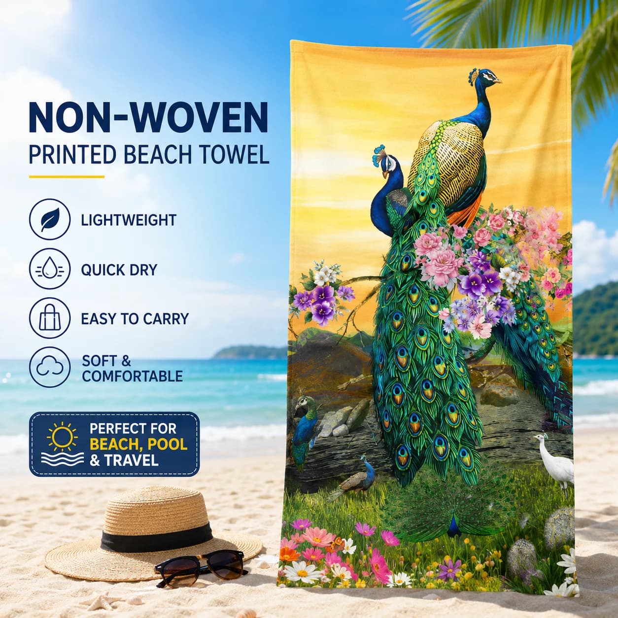 Elegante Telo Mare Floreale con Pavone, Stampa Piatta, Asciugatura Rapida, Morbido, in Tessuto Non Tessuto, per Donna, Estate, Piscina, Vacanza, Viaggio