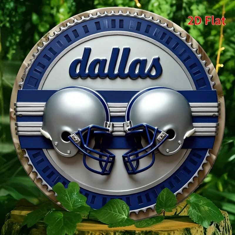 2D Flat - 8-Inch Round Dallas Football Helmet Aluminum Sign - Waterproof, Weather-Resistant High-Definition Print, Pre-Drilled