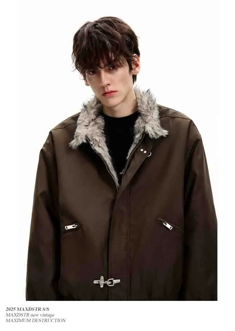 Giacca da Aviatore con Collo in Pelliccia, Moda Punk Primaverile, Streetwear Casual, Stile Hip Giovanile, Abbigliamento Maschile Oversize, Giacche Nere Cargo