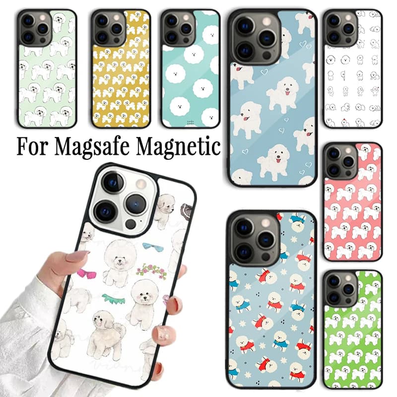 Custodia per telefono con simpatico cartone animato Bichon Frise per iPhone 17 AIR 16 15 14 13 12 11 Pro Max Plus, cover magnetica wireless Magsafe