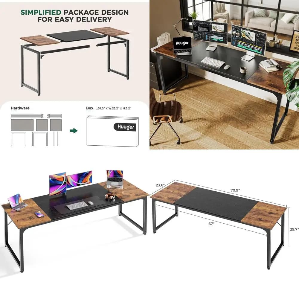 Scrivania da Gaming Rustica Marrone e Nera da 70 Pollici con Spazio di Archiviazione per Ufficio Domestico, Studio e Scrittura