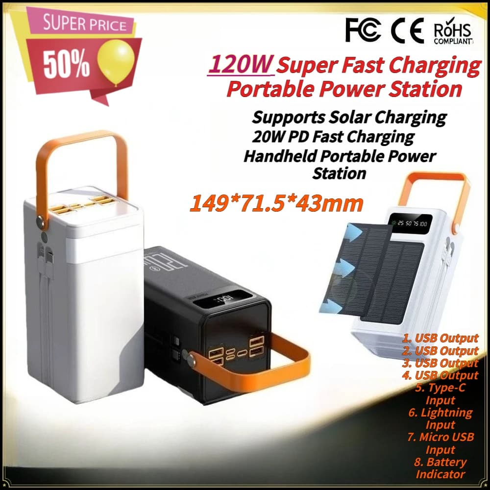 120W 50000mAh Bi-directional Solar Power Bank Dual Built-in Cables Super Fast Charger for iPhone Samsung Xiaomi HUAWEI Oppo Vivo
