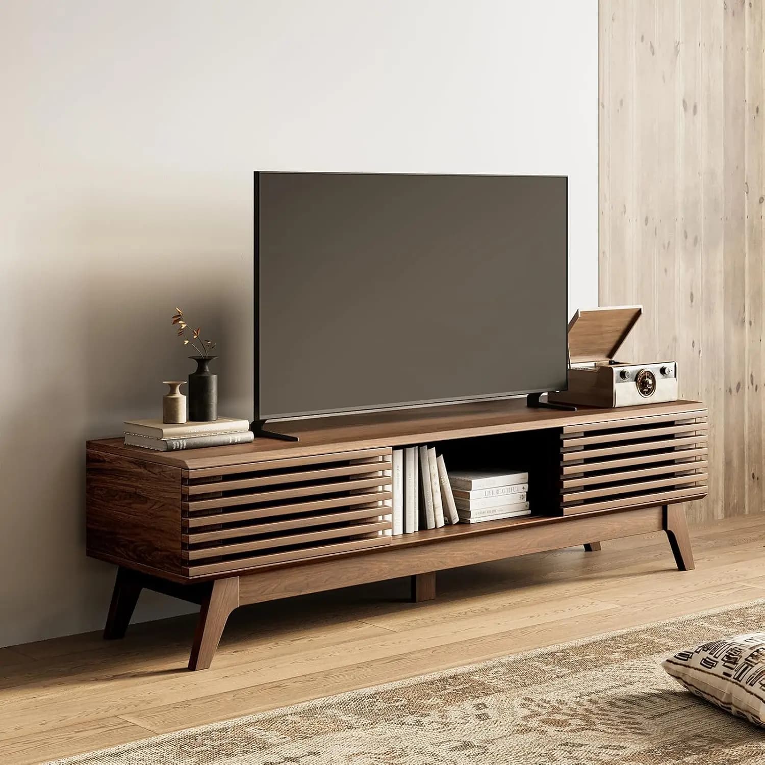 Mid-Century TV Stand for TVs up to 65" with Fluted Doors, Storage & Cable Management for Living Room & Bedroom, Walnut, Customiz