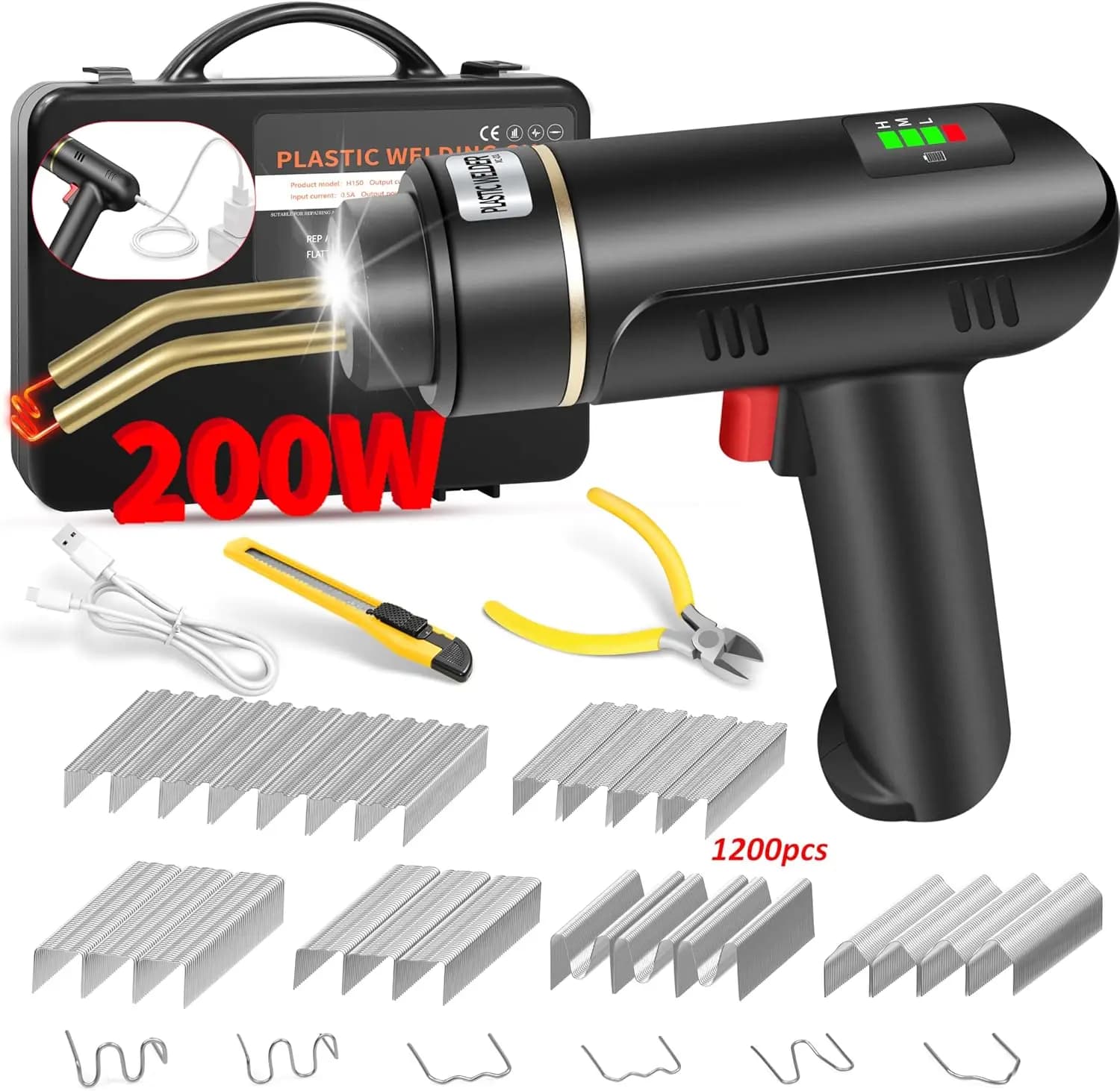 Kit Saldatore Plastica Senza Fili da 200W con Graffatrice a Caldo da 1200 Pezzi, Pistola Ricaricabile USB e Batteria da 5000mAh per Riparazione Paraurti