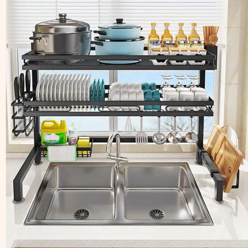 Scaffale da cucina sopra il lavello, scolapiatti, scolapiatti, piatto multifunzionale, coltello, straccio, cucchiai, lavello, set di scaffali, organizer da appoggio