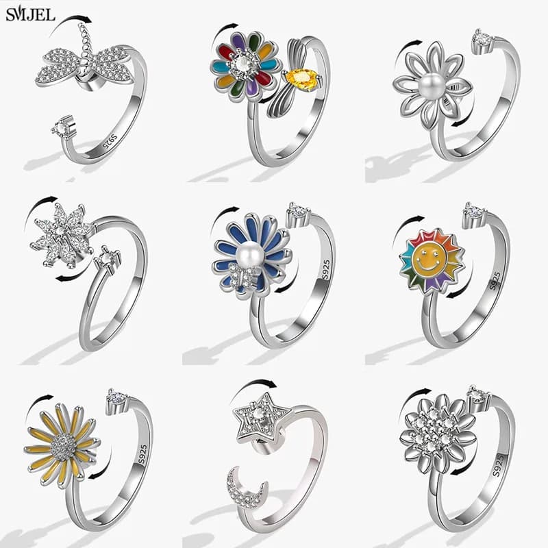 Anelli di ansia rotanti del girasole di modo della Boemia per le donne Carino libellula ape animale anello di barretta Spinner Fidgets anelli dei gioielli