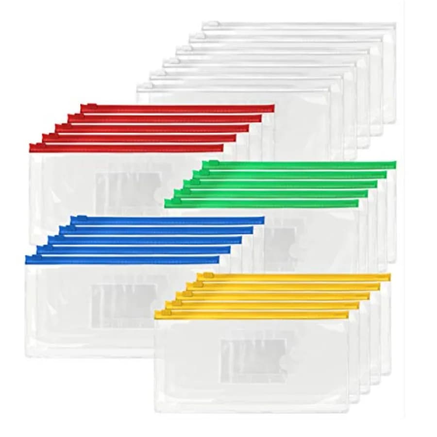 26 Clear Zip Envelope File Bill Document Bag Pocket Pencil Case with Tag Pocket, 5 Assorted Colors, 9.1" x 4.7"fit A6 Sheets