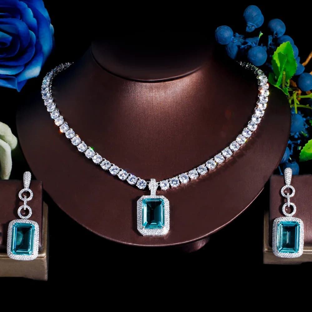 ThreeGraces Fashion azzurro Cubic Zirconia lungo grande rettangolo ciondola orecchini e collana Set per le donne gioielli da festa TZ742