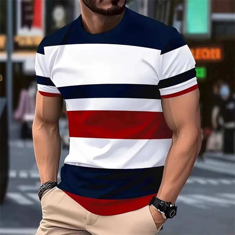 Fashion Simple Stripes T Shirts For Men Summer Casual 3D Printed Contrasting Colors 100% polyester T-shirts StreetwearTops Tees