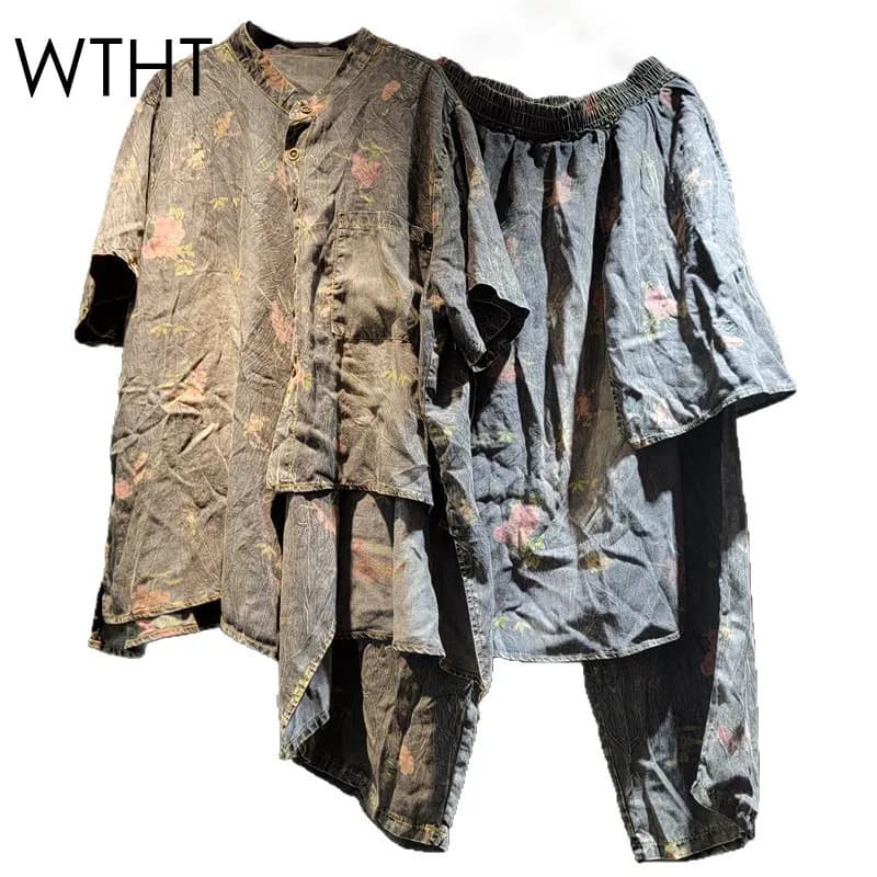 WTHT Vintage Fashion Women Suits Print Design Spliced Denim Short Sleeves Tops Loose Harem Jeans Set Female 2025 Summer 1LS1756