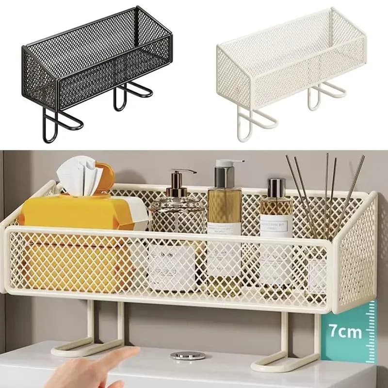 Organizzatore Salvaspazio per Bagno Senza Forature, Scaffale Multifunzionale in Ferro Bianco e Nero da Posizionare Sopra il WC