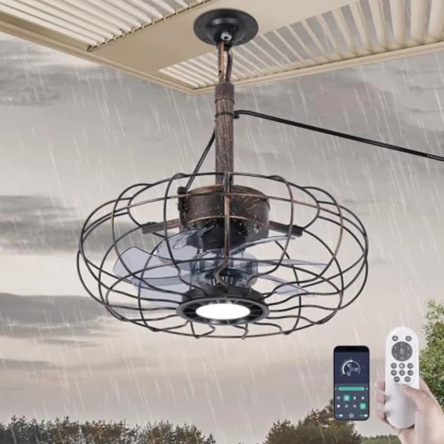 Ventilatore da soffitto per esterni con luci, ventilatore da gazebo impermeabile da 15 pollici con telecomando e app intelligente, ventilatore da soffitto a gabbia con alimentazione a corrente.