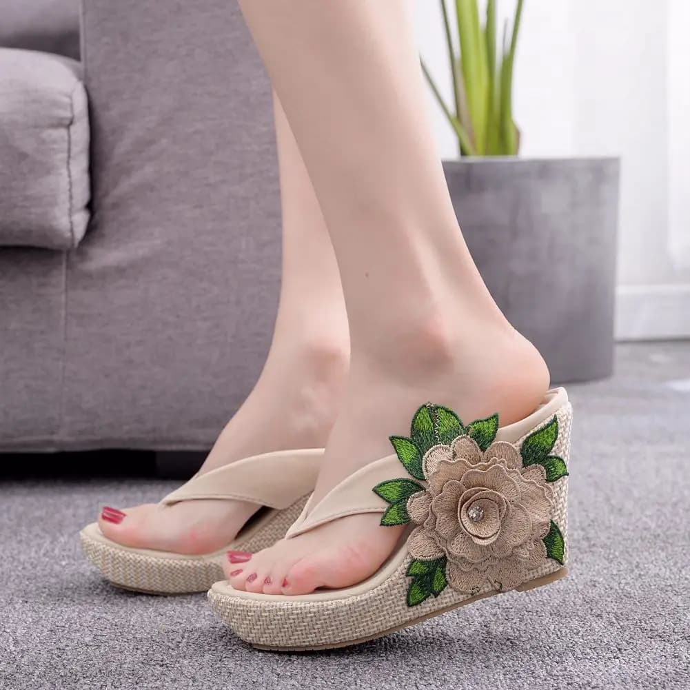 Women Flower Beach Sandals Platform Wedges Sandals High Heels Wedges Slippers Flip Flops